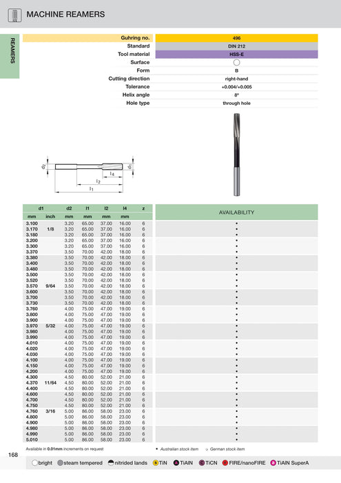 Chucking Reamers 6.5 to 12.04mm - Tolerance +0.004/+0.005 || Guhring