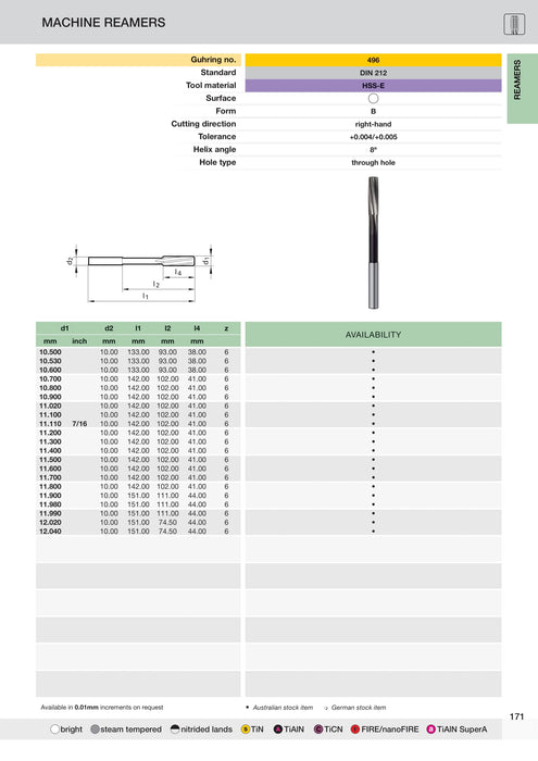 Chucking Reamers 6.5 to 12.04mm - Tolerance +0.004/+0.005 || Guhring