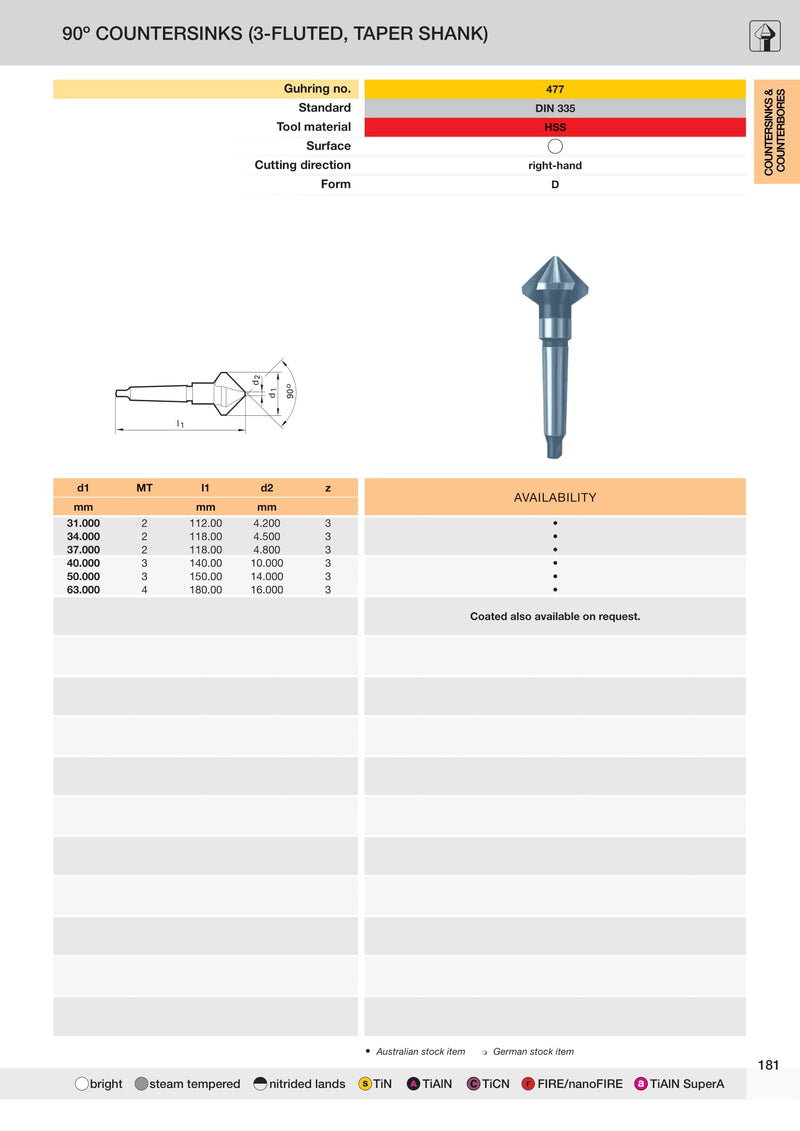 90 Deg Countersinks 3 Flute MTS HSS | Guhring