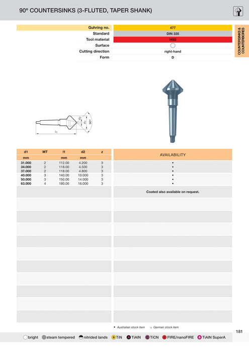 90 Deg Countersinks 3 Flute MTS HSS | Guhring